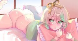 ass automaton bed blush cecilia_immergreen clothed green_eyes green_hair hololive hololive_english joints