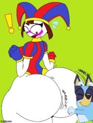1boy 1girls 3rd_party_watermark ass ass_focus ass_grab ass_up big_ass bluey_(series) bluey_(show) blush canine crossover dog_ears female female_focus female_only giant_ass glitch_productions happy happy_trance huge_ass pomni pomni_(the_amazing_digital_circus) screaming the_amazing_digital_circus traumatized