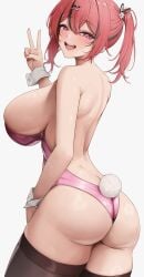 ass bare_back big_ass big_boobs big_breasts big_butt big_tits boobs breasts bsmage bunny bunny_girl bunny_tail bunnygirl bunnysuit butt eyebrows_visible_through_hair goddess_of_victory:_nikke hair_between_eyes legwear looking_at_viewer looking_back looking_back_at_viewer mast_(nikke) open_mouth pink_bunnysuit pink_eyes pink_eyes_female simple_background thick_ass thick_legs thick_thighs thighhighs thighs tits v_sign
