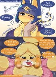 2girls animal_crossing ankha ankha_(animal_crossing) anthro big_breasts blush female front_view fur huge_breasts isabelle_(animal_crossing) nintendo speech_bubble startop text