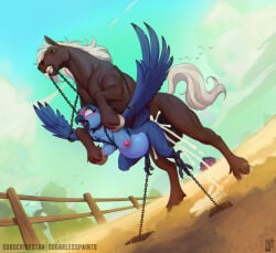 1boy 1girls anthro anthro_penetrated avian bdsm belly_riding bestiality bird blue_body blush bodily_fluids bondage bound brown_body cum cum_inflation cum_inside cumflated_belly cumflation detailed_background duo equid equine feathered_wings feathers female female_penetrated feral feral_on_anthro feral_penetrating feral_penetrating_anthro genital_fluids hi_res horse inflation male male/female male_penetrating male_penetrating_female mammal nude outside penetration penile penile_penetration sex sugarlesspaints undercarriage wings