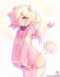 1boy balls blonde_hair blush buttplug cum elf femboy green_eyes hoodie hoodie_(artist) horn horns male mask max_(hoodie) penis tagme thighhighs