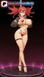 1girls 2026 ai_generated artist_name bikini breasts bust car chest choker electroworld female gachiakuta green_eyes heart_pasties hi_res high_heels high_quality high_resolution highres long_hair navel pasties patreon patreon_username red_hair riyou_reaper solo stable_diffusion swimsuit thigh_strap watermark