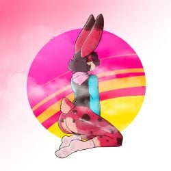 0rionbutsus absurd_res anthro ass bodily_fluids clothing demon femboy fluffy footwear fur glistening glistening_butt glistening_thighs hi_res horn hybrid kneeling lagomorph leporid male male/male mammal markings on_shins presenting presenting_hindquarters rabbit red_body red_fur seiza sitting socks spots spotted_body spotted_fur steam sweat sweater tail tan_body tan_fur topwear wet_thighs yellow_eyes