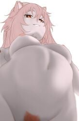 animal_ears arknights barcode barcode_tattoo breasts completely_nude dokonjou_(odossan) female female_pubic_hair from_below gravel_(arknights) grin groin hair_between_eyes highres looking_at_viewer medium_breasts messy_hair navel nipples nude pale_skin pink_hair pubic_hair simple_background smile solo tattoo white_background