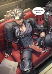 1boy english_text genshin_impact hand_on_penis holding_penis light-skinned_male male male_only penis pierced_genitals piercing precum sitting sitting_on_chair solo text_bubble tn144art wriothesley_(genshin_impact)