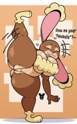 2025 absurd_res anthro ass big_breasts big_butt breasts chees_(luanctoons) closed_eyes clothing cosplay dialogue english_text female generation_4_pokemon heart_symbol hi_res huge_thighs lagomorph leporid lopunny luanctoons mammal motion_lines navel nintendo pokemon pokemon_(species) question_mark rabbit solo stretching text thick_thighs thong underwear