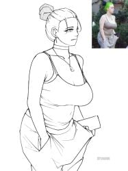 big_breasts billie_eilish bra_strap drawing drawink hairbun no_color reference_image sagging_breasts sketch