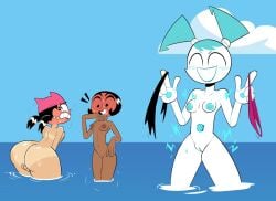 3girls areolae ass bikini black_hair blush breasts covering_breasts covering_crotch dark-skinned_female dark_skin embarrassed embarrassed_nude_female jenny_wakeman my_life_as_a_teenage_robot naked naked_female navel nickelodeon nicktoons nipples pussy robot_girl screw stealing_clothes swimsuit tanline water white_skin