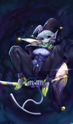 1girls 2018 breasts clothed clothing deltarune female female_only hat highres jevil_(deltarune) jlullaby long_tongue male open_mouth penis penis_outline penis_under_clothes pointy_ears rule_63 sharp_teeth solo speech_bubble spreading teeth text tongue tongue_out undertale_(series) video_games