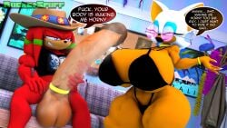 3d_(artwork) absurd_res accessory anthro aroused aroused_smile ass balls bat bedroom_eyes big_balls big_breasts big_butt big_penis bikini bottomless bottomless_male bracelet breasts choker claws clothed clothing cock_ring cowboy_hat digital_media_(artwork) duo ear_piercing ear_ring echidna eyewear fangs female furniture genitals gold_(metal) gold_bracelet gold_choker gold_jewelry gold_necklace hat headgear headwear hi_res hoop_ear_ring huge_balls huge_breasts huge_butt huge_cock hyper hyper_genitalia hyper_penis imminent_sex jewelry knuckles_the_echidna lips looking_at_genitalia looking_at_penis male mammal monotreme motion_blur musky_balls musky_penis narrowed_eyes necklace on_sofa onomatopoeia penis penis_accessory penis_jewelry piercing ring_piercing rocketspuff rouge_the_bat seductive sega sitting sitting_on_sofa sofa sonic_(series) sonic_the_hedgehog_(series) sound_effects speech_bubble stroking_penis sunglasses swimwear teeth text thick_lips thick_thighs two-piece_swimsuit