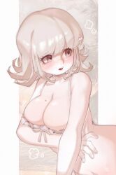 1girls 2026 arm_under_breasts big_breasts bikini blush breasts brown_background brown_eyes brown_hair bursting_breasts cleavage danganronpa danganronpa_2:_goodbye_despair female female_only hairclip mole mole_on_breast nanami_chiaki onimiere pink_eyes short_hair white_background white_bikini