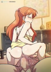 1boy 1girls asuka_langley_sohryu blush censored ervilderwelt female long_hair looking_back male neon_genesis_evangelion orange_hair riding riding_penis sundress vaginal_penetration