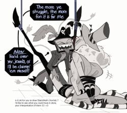 2boys bald blush clothed craxkers english english_text gay glasses hat hazbin_hotel heart-shaped_eyewear legs looking_at_another looking_at_partner monochrome open_mouth pirate sharp_teeth simple_background small_dom_big_sub smiling speech_bubble tied_hands tied_legs tied_up tongue tongue_out tv_head valentino_(hazbin_hotel) vox_(hazbin_hotel) white_background yaoi