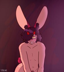 0rionbutsus absurd_res animal_humanoid anthro ass blush demon femboy fluffy fluffy_hair glistening glistening_butt hair hi_res horn human humanoid hybrid invalid_tag lagomorph lashes_(disambiguation) latino leporid male male/male mammal nude pubes rabbit shadow tail tan_body tan_skin yellow_eyes
