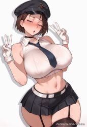 ai_generated bangs bare_shoulders belt black_headwear black_legwear black_skirt blue_eyes blush breasts brown_hair capcom choker collared_shirt curvaceous curvaceous_body curvy curvy_body curvy_female double_v female garter_straps gloves hat jill_valentine looking_at_viewer midriff miniskirt mole mole_under_eye navel necktie pleated_skirt resident_evil resident_evil_3 scinna self_upload shirt short_hair skirt sleeveless solo stable_diffusion striped thighhighs v voluptuous voluptuous_body voluptuous_female w white_gloves