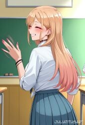 ^_^ ai_generated artist_name bangs barbell_piercing bead_bracelet beads black_choker blonde_hair blue_skirt blush bracelet breasts chalkboard choker classroom closed_eyes collared_shirt ear_piercing earrings fake_nails female fingernails from_behind gradient_hair grin hand_up indoors jewelry juliatitusart kitagawa_marin long_hair long_sleeves makeup multicolored_hair nail_polish necktie piercing pink_nails pleated_skirt ring school_uniform shirt skirt smile solo solo_focus swept_bangs tied_shirt waving white_shirt