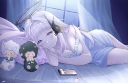 1girls bed bedroom big_breasts blue_eyes blush breasts female female_only light-skinned_female light_skin long_hair looking_at_viewer night pajamas thick_thighs thighs two-tone_hair white_hair yellow_hair young younger_female