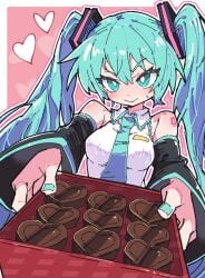 big_breasts black_tie blue_hair cyanogen_eyes cyanogen_hair green_eyes green_hair hatsune_miku heart huge_breasts pink_background twintails valentine's_day vocaloid