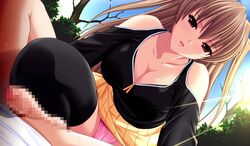 atelier_kaguya ayabe_miyuki blush breasts brown_hair censored cleavage erect_nipples femdom game_cg ijira_rental large_breasts lingerie long_hair looking_at_viewer naughty_face open_mouth outdoors red_eyes sakagami_umi sex skirt thighhighs tied_hair twintails underwear