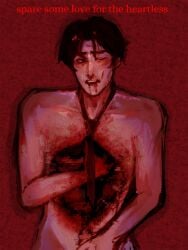 blood_in_mouth blood_stain brown_eyes brown_hair dimly_lit isamu_uchiumi male_only masturbation necktie skinny the_mimic wound wounded