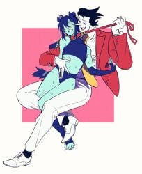 artist_request deltarune deltarune_chapter_2 dog_collar kris_(deltarune) semi_nude spamton_g_spamton suit sweat sweaty_body twitter_link