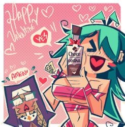 2female 2girls beautiful big_breasts breasts chocolate cute cute_expression cute_eyes cute_face cute_female cute_girl female happy happy_trance heart nun open_mouth text turquoise_hair valentine's_day vodka