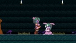 animated blueskin_no_mori breasts closed_eyes cum cum_on_breasts cum_on_face ejaculation erection femdom forced_masturbation futanari green_hair masturbation mind_control monster_girl penis pixel_art purple_hair sex video_games