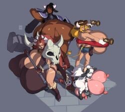 1boy 1futa 3girls aeryn_(thehelmetguy) armpit big_body bovine cattleya_(thehelmetguy) cow_ears cow_girl dark-skinned_futa dark_skin dark_skinned_futanari emi_(thehelmetguy) female_armpit_hair gigantic_breasts hairy_armpits horn horns monster_girl nipples penis rida_(thehelmetguy) tagme thehelmetguy