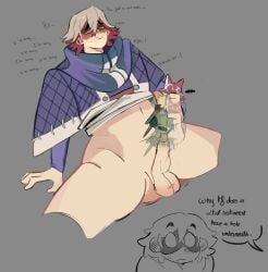 1male closed_eyes dardez fleshlight fu_orostor gray_background half_naked hii_(gachiakuta) jerkingoff lifting_shirt masturbation naked_male only_male saliva