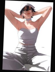 alternate_version_available armpits arms_up boruto:_naruto_next_generations choker drawink hat naruto_(series) nude_version_available round_glasses sarada_uchiha skinny