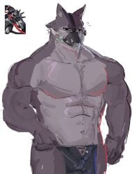 aican5151 anthro bara black_sclera bulge embarrassed furry male_only mask masked muscular muscular_male no_nipples sanguine_sweeper solo wolf wolf_humanoid zenless_zone_zero