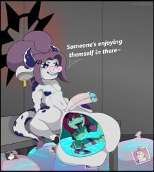 absurd_res animal_humanoid anthro bovid bovid_humanoid bovine bovine_humanoid breasts cattle_humanoid churning clown cock_vore condom double_dick duo fan_character female filled_condom genitals hair hi_res humanoid loony_metal loony_science_clown_(loonymetal) male male_pred mammal mammal_humanoid penile penis pink_hair sexual_barrier_device shortstack small_breasts vore x-ray_view