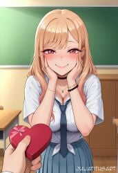 1boy ai_generated artist_name bangs barbell_piercing bead_bracelet beads black_choker black_necktie blonde_hair blue_skirt blush box bracelet breasts choker classroom cleavage closed_mouth collarbone collared_shirt desk ear_piercing earrings female gift gift_box gradient_hair gyaru hands_on_own_face heart heart-shaped_box holding indoors jewelry juliatitusart kitagawa_marin large_breasts long_hair looking_at_viewer medium_breasts multicolored_hair necktie out_of_frame piercing pink_nails pleated_skirt pov pov_hands red_eyes ring school_uniform shirt short_sleeves skirt smile solo_focus swept_bangs tied_shirt valentine white_shirt