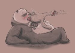 anal anatid anseriform anserine anthro avian beak bear belly big_belly bird blush bodily_fluids brown_background cheek_tuft claws closed_eyes crows_feet cum cum_on_belly cum_on_body cumshot dated dialogue digitigrade dreamworks duo ejaculation english_text facial_tuft feather_hands feather_tuft feathered_wings feathers finger_claws genital_fluids genitals giant_panda goose half-closed_eyes hand_on_belly handjob handjob_while_rimming head_tuft hi_res kung_fu_panda li_shan_(kung_fu_panda) long_neck looking_pleasured lying male male/male mammal monochrome motion_lines mr._ping narrowed_eyes neck_rolls on_back open_beak open_mouth oral orgasm orgasm_face orgasm_from_rimming overweight overweight_male paws penile penis reach_around rimming saliva saliva_on_face saliva_on_tongue sex shaking shaking_orgasm signature simple_background tail tail_feathers tapering_penis text thick_thighs toe_claws tongue tuft undergreysnest watermark wings