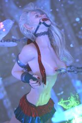 1girls 3d 3d_render bit_gag blonde_hair bondage bound bound_arms bound_neck bound_wrists chains desertlion3dx elf elf_ears female female_only femsub fingerless_gloves gag gagged gloves linked_piercings miniskirt nail_polish nipple_piercing nipple_rings painted_fingernails painted_nails piercing piercing_bondage pointy_ears short_skirt skirt