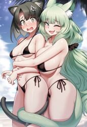2girls ai_generated arknights black_bikini blush breast_envy cat_ears cat_girl gold_bikini green_eyes green_hair harmonie_(arknights) huge_breasts mandragora_(arknights) small_breasts