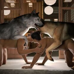 1:1 3d_(artwork) all_fours anal brown_hair canid canine canis digital_media_(artwork) doggy_style domestic_dog feral feral_penetrating from_behind_position group hair hair_bun human human_on_feral human_penetrated interspecies kissing lamp lantern male male/male male_penetrated male_penetrating mammal mortal_kombat namjalicious nipples nude open_mouth penetration scorpion_(mortal_kombat) sex sub-zero_(mortal_kombat) tattoo text tongue tongue_out url zoophilia