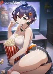 1girls ai_generated alternate_costume bed bedroom belle_(zenless_zone_zero) big_ass big_breasts big_butt big_thighs black_shorts blue_hair eating eating_food female female_focus female_only hoyoverse laying_down laying_on_bed looking_at_viewer lunealter mature_female mihoyo movie_night multicolored_eyes multicolored_hair night no_bra pale-skinned_female pale_skin popcorn sfw shirt short_hair shorts thick_ass thick_butt thick_legs thick_thighs white_shirt zenless_zone_zero