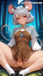 1boy 1futa 2026 ai_assisted ai_generated animal_ears anime artist_name bush cock dick dress explicit forest futanari genderswap_(ftm) grey_hair hi_res high_quality high_resolution highres jewelry mouse_ears mouse_tail nature nazrin patreon patreon_username pendant penis shoes socks stable_diffusion tail testicles touhou tsukoneko watermark white_legwear