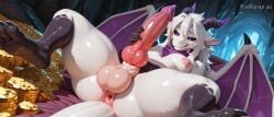 ai_generated big_balls big_butt big_penis black_sclera dragon_horns dragon_penis dragon_tail dragon_wings furred_dragon furred_scalie knot knotted_penis masturbation on_back puffy_anus purple_eyes thick_thighs white_body