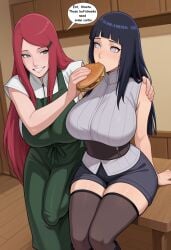 multiple_girls 2girls long_hair breasts rating:s thighhighs food black_hair sitting blue_eyes large_breasts shorts bangs smile red_hair blush blunt_bangs hair_ornament shirt black_legwear looking_at_viewer holding sweater skirt eating hyuuga_hinata hairclip mole short_shorts eyebrows_visible_through_hair naruto_(series) original open_mouth indoors english_text short_hair white_shirt pants holding_food turtleneck green_eyes speech_bubble looking_at_another thighs uzumaki_kushina kushina_uzumaki hinata_hyuuga female/futa futanari futa_with_female penis_bulge big_bulge bulging_penis talking talking_to_another feeding ai_generated ai_assisted waifu_judge
