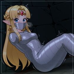 1girls blonde-haired_female blonde_female blonde_hair blue_eyes bondage bondage_outfit dungeon elf elf_female elf_girl female gag gagged gagged_female handwear jewel jewel_on_forehead jewelry long_ears long_hair mummification mummified mummy_wrappings nintendo princess_zelda struggle struggling tape_bondage tape_gag taped_hands taped_legs taped_mouth the_legend_of_zelda white_body white_skin worried worried_expression worried_face worried_look wrapped wrapped_arms wrapped_up wraps zelda_(a_link_between_worlds) zelda_(a_link_to_the_past)