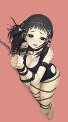 artist_request belt_bondage black_hair bondage bound_legs bound_wrists clothed collar female hairtie painted_nails painted_toenails red_eyes rope rosario+vampire sweating swimsuit toujou_ruby