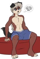 absurd_res anthro balls_outline big_penis black_nose blue_eyes blush brown_body brown_fur bulge canid canine canis cheek_tuft claws clothed clothing countershade_ears countershade_tail countershade_torso countershading detailed_bulge dialogue domestic_dog facial_tuft feet fur genital_outline genitals hair hi_res long_hair long_penis male male_only mammal meme nipples no_nut_november penis penis_outline skidd skidd_(character) solo speech_bubble tail toe_claws toes topless tuft underwear