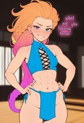 abs ai_generated dialogue dojo fit kunoichi league_of_legends looking_at_viewer ninja_girl sexy_body skimpy_clothes smiling training_room zoe_(league_of_legends)