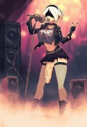 band_shirt bare_midriff beauty_mark big_penis black_gloves black_jacket black_skirt blindfold blindfolded bottomless bottomless_futa breasts choker cock detailed_background dick ear_piercing edit edited_art exposed_penis fingerless_gloves fishnet_legwear fishnets fog futa_only futanari garter_straps gloves hairband microphone nier:_automata open_mouth pale-skinned_futa pale_skin penis piercings rapscallion short_hair singing skirt solo solo_focus solo_futa studded_belt studded_choker third-party_edit veiny_penis white_hair yorha_2b