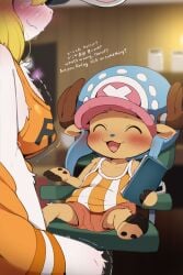 blush boobs bottomwear brown_fur carrot_(one_piece) clothed clothing dagasi english english_text female hard_nipples headwear horny horny_female japanese_text male one_piece rabbit rabbit_ears reindeer reindeer_antlers shaking smile sweat talking_to_another tony_tony_chopper topwear white_fur yellow_hair