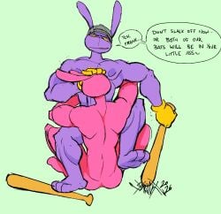 2026 3_toes 5_fingers anthro baseball_bat baseball_cap bat_(object) clothing dominant dominant_male duo evil_jax_(tadc) feet fellatio fingers genitals glitch_productions hand_on_head hat headgear headwear hi_res jax_(tadc) lagomorph leporid looking_down male male/male mammal muscular muscular_male nude_male oral penile penis rabbit sex submissive submissive_male sxnackx teasing the_amazing_digital_circus threatening toes