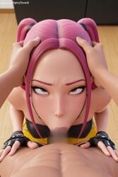 1boy ai_generated artist_name bare_shoulders black_gloves black_shirt breasts clothed_female_nude_male erection female fingerless_gloves forehead gloves hand_on_another's_head head_grab hi_res high_quality high_resolution jewelry k/da_(league_of_legends) looking_at_viewer makeup mira_(kpop_demon_hunters) navel pants patreon patreon_username penis pink_hair pov seductive sexy solo_focus spicytoonai straight uncensored watermark web_address